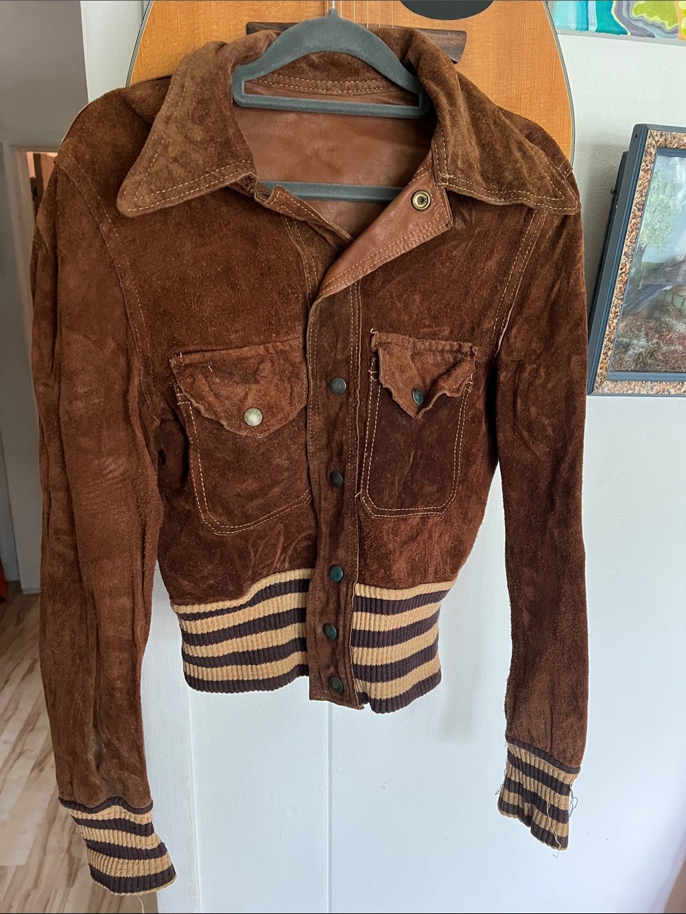Brown Reversible Leather Suede Bomber Jacket Striped Knit Trim Woman Size Small - Picture 5 of 12